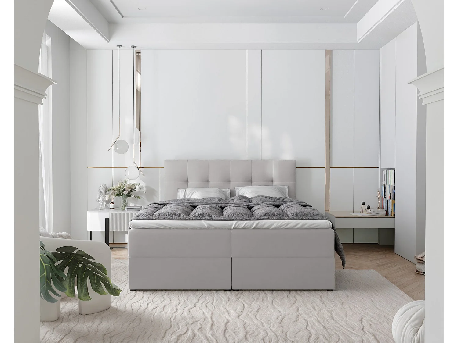 Lit continental rembourré avec surmatelas, gris - 160x200 - RENZO