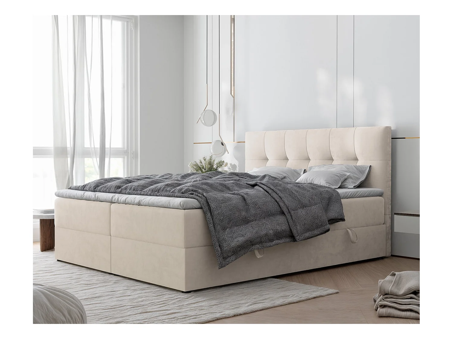 Lit continental rembourré avec surmatelas, beige - 120x200 - RENZO