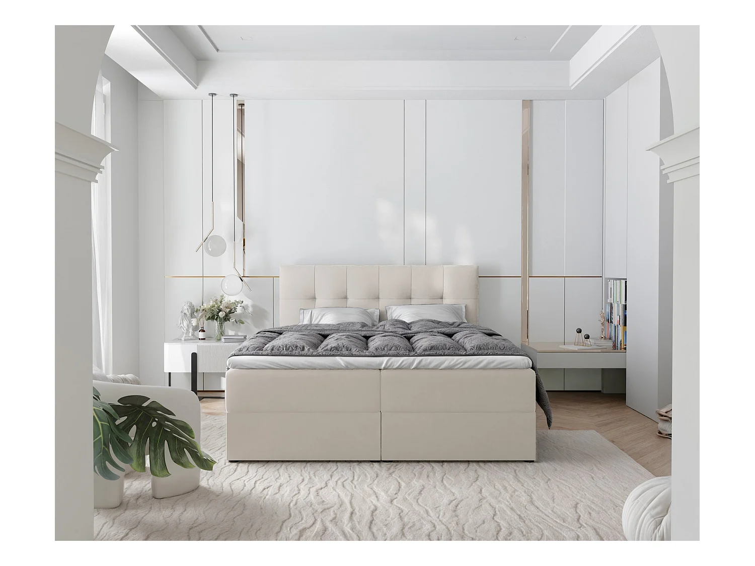 Lit continental rembourré avec surmatelas, beige - 120x200 - RENZO