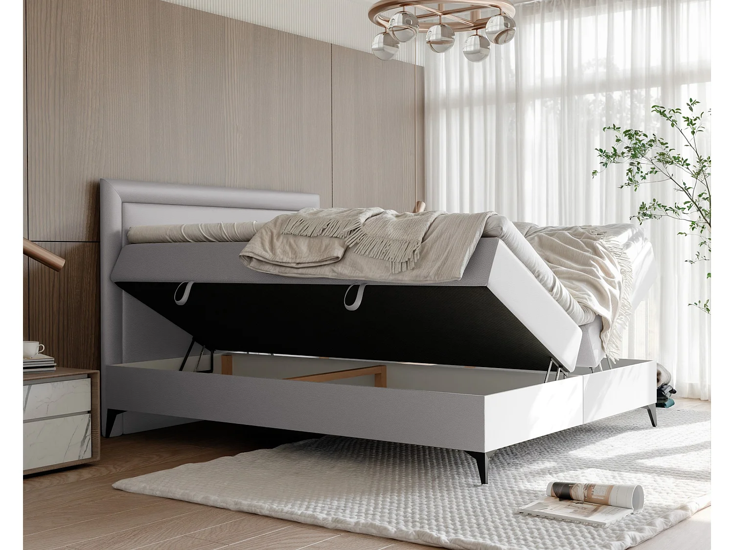 Lit continental rembourré avec surmatelas, gris  - 180x200 - NERO