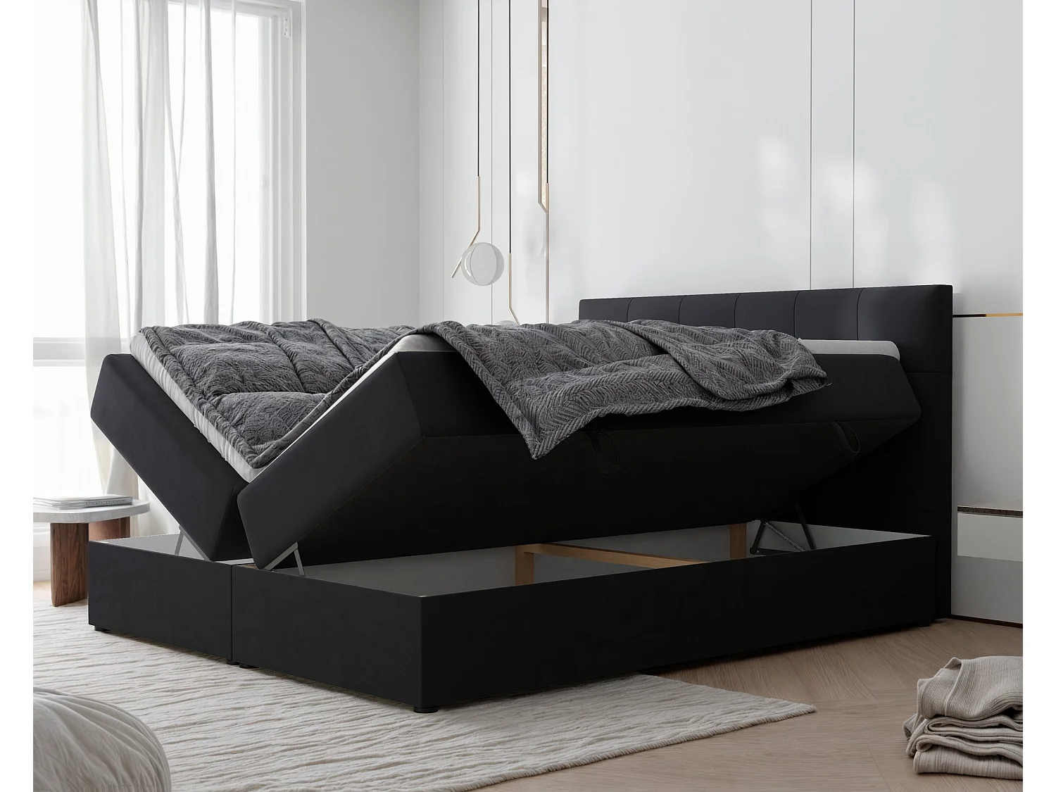 Lit continental rembourré avec surmatelas, noir - 200x200 - RENZO