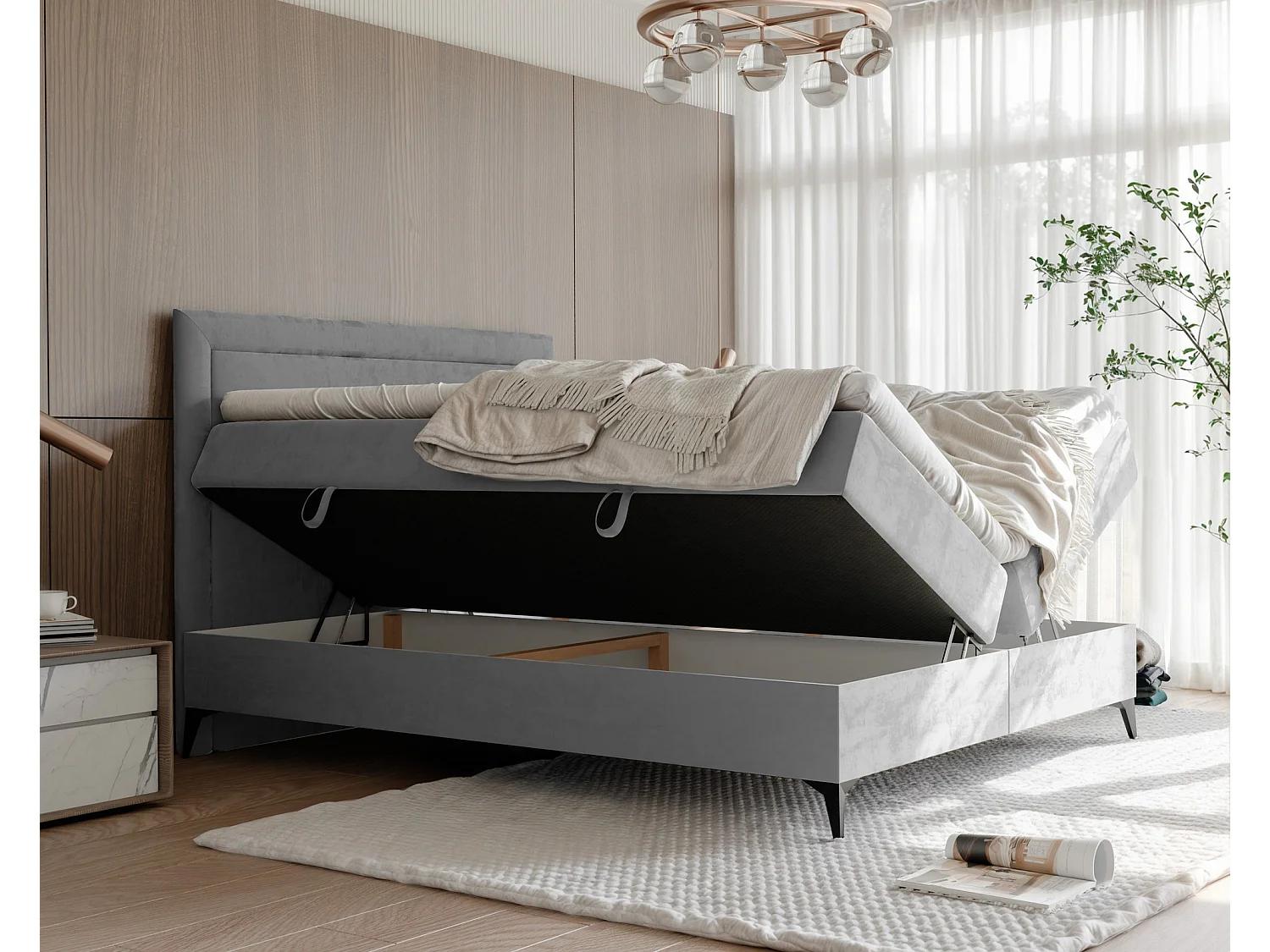 Lit continental rembourré avec surmatelas, gris clair - 200x200 - NERO