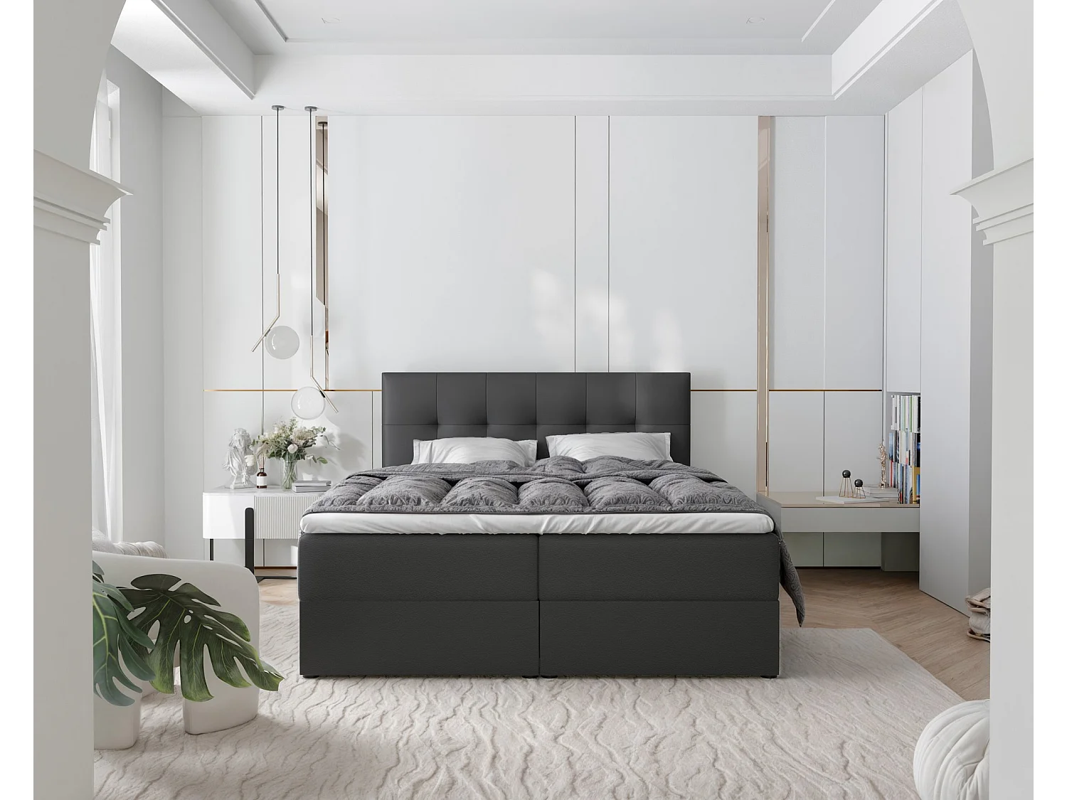 Lit continental rembourré avec surmatelas, noir  - 200x200 - RENZO