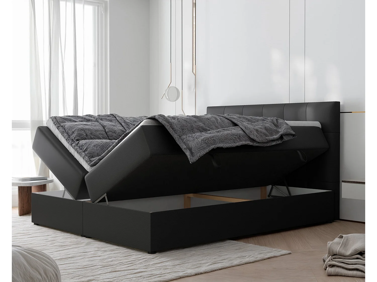 Lit continental rembourré avec surmatelas, noir  - 200x200 - RENZO
