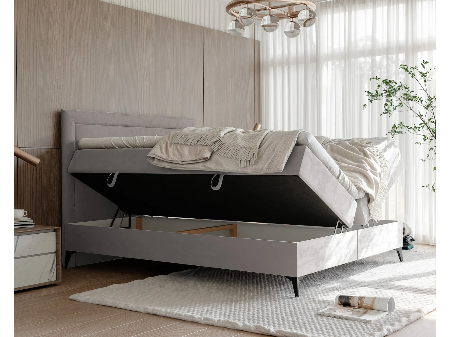 Lit continental rembourré avec surmatelas, gris - 200x200 - NERO