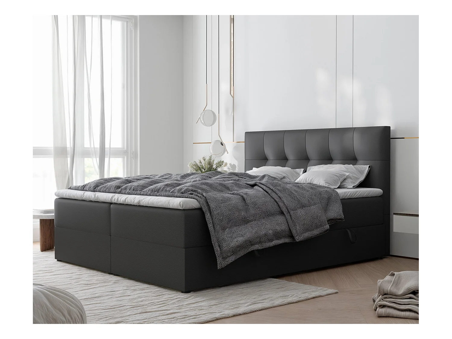 Lit continental rembourré avec surmatelas, noir  - 180x200 - RENZO