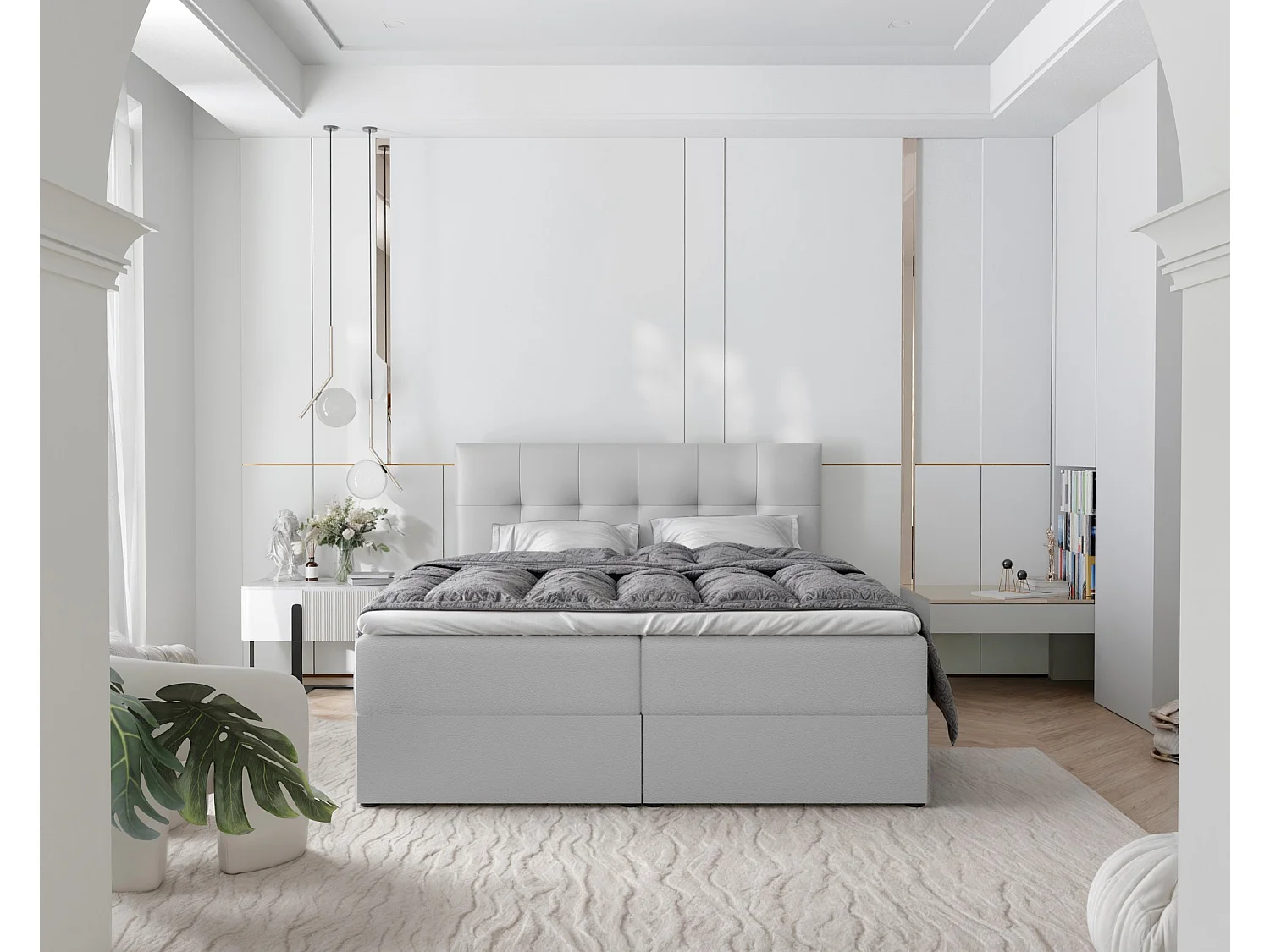 Lit continental rembourré avec surmatelas, gris  - 140x200 - RENZO