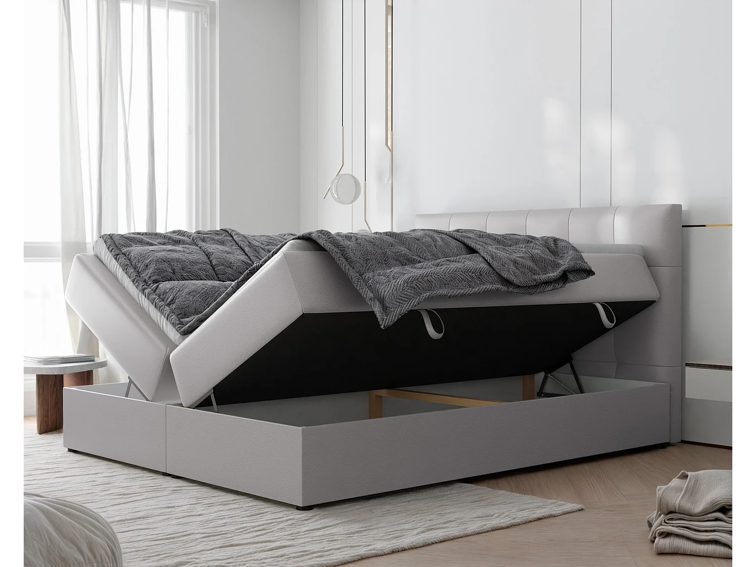 Lit continental rembourré avec surmatelas, gris  - 140x200 - RENZO