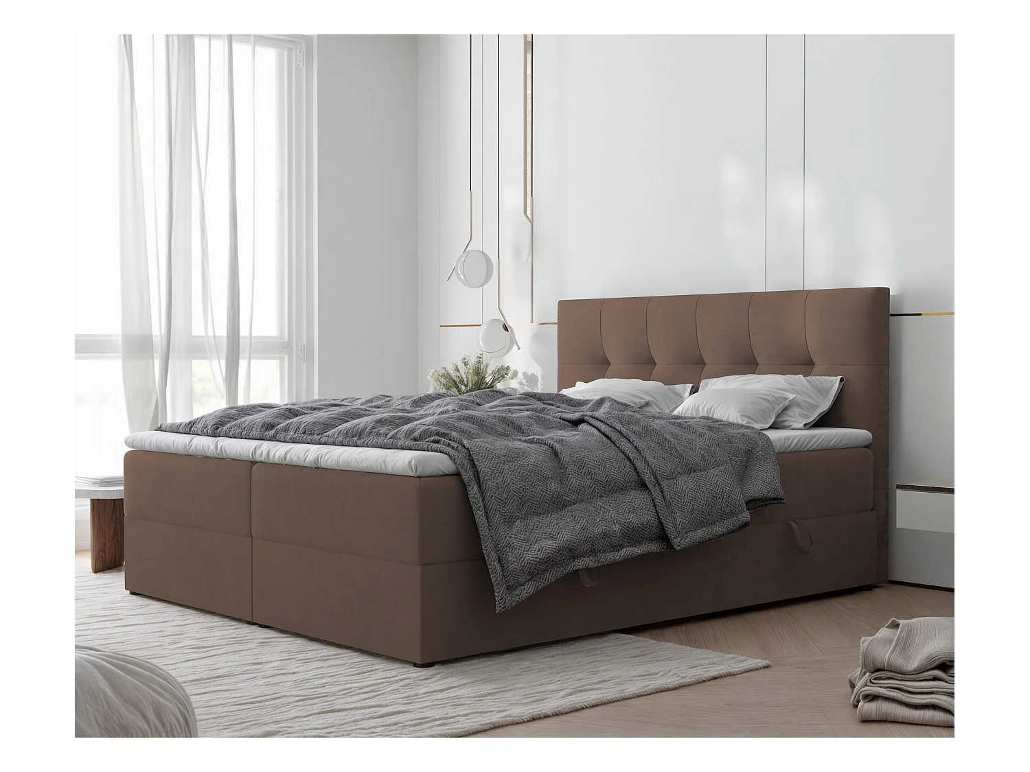 Lit continental rembourré avec surmatelas, marron - 120x200 - RENZO