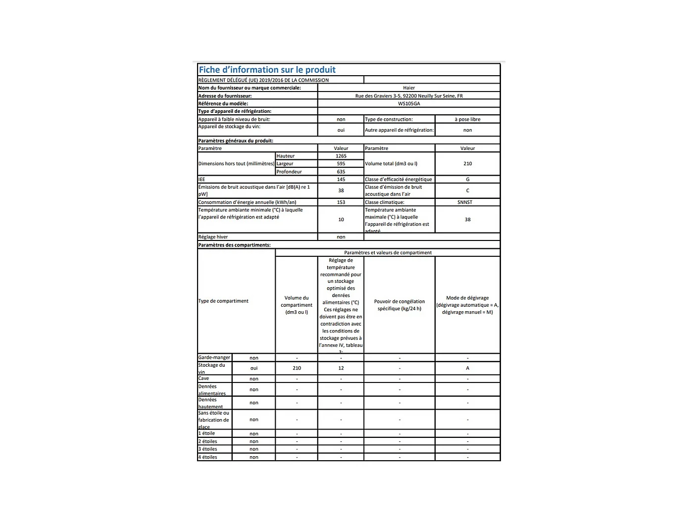 Cave de vieillissement 105 Btls Froid Brassé HAIER 59.5cm G, WS 105 GA