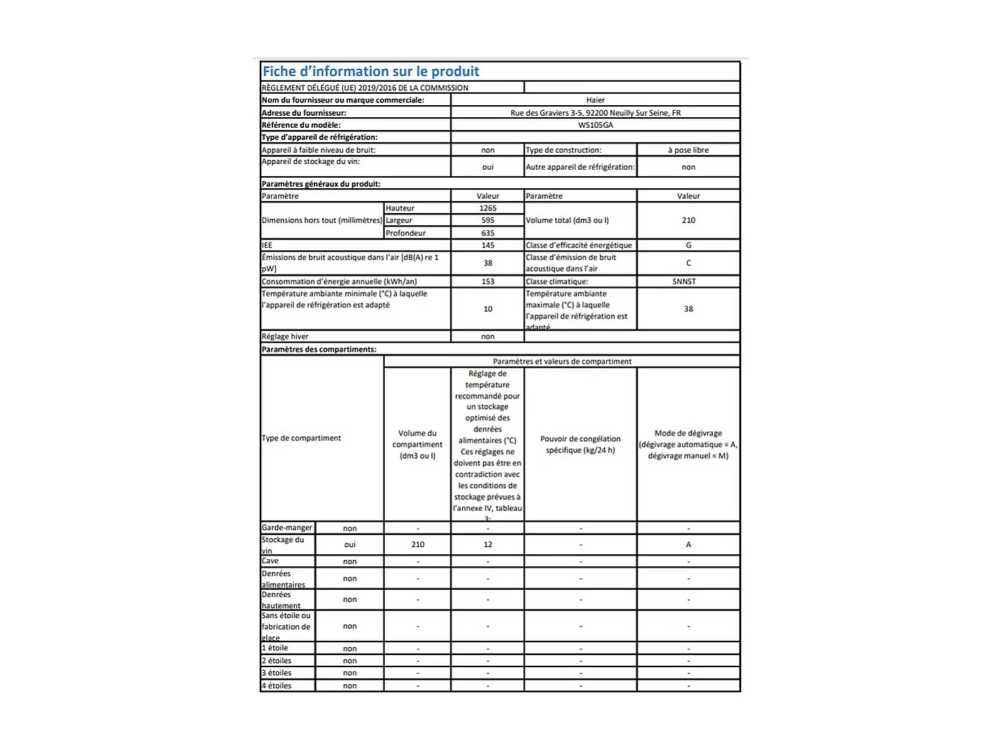 Cave de vieillissement 105 Btls Froid Brassé HAIER 59.5cm G, WS 105 GA