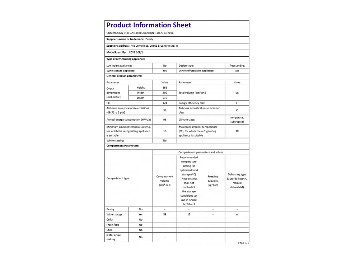 Cave à vin encastrable 58L 20 Btls CANDY 29.5cm F, CCVB30F1