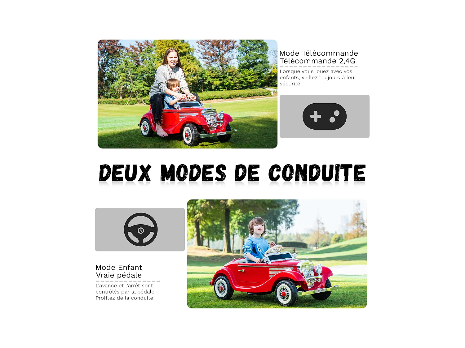 Voiture électrique rétro pour enfants - ORYXEARTH - Rouge - Batterie 12V - Vitesse 3-6 km/h