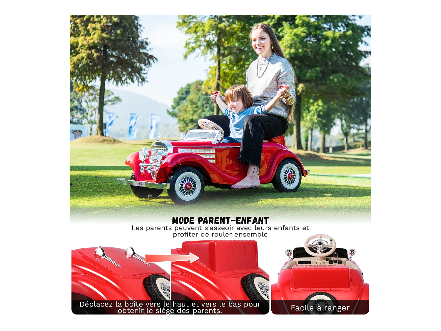 Voiture électrique rétro pour enfants - ORYXEARTH - Rouge - Batterie 12V - Vitesse 3-6 km/h