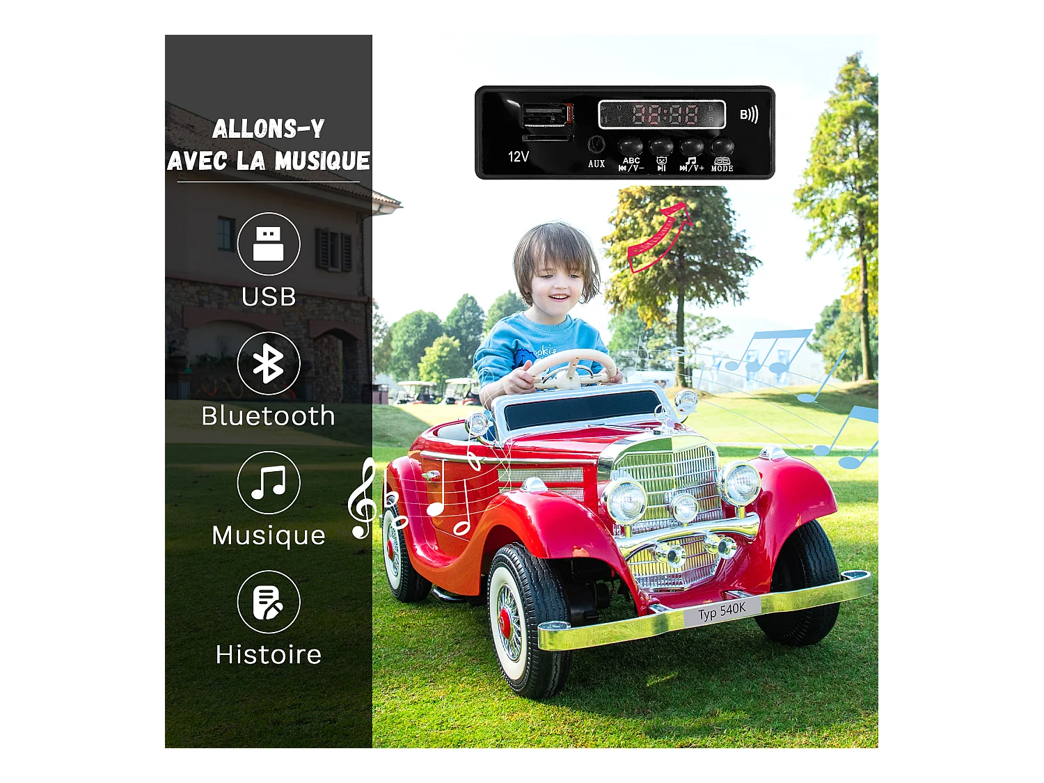 Voiture électrique rétro pour enfants - ORYXEARTH - Rouge - Batterie 12V - Vitesse 3-6 km/h