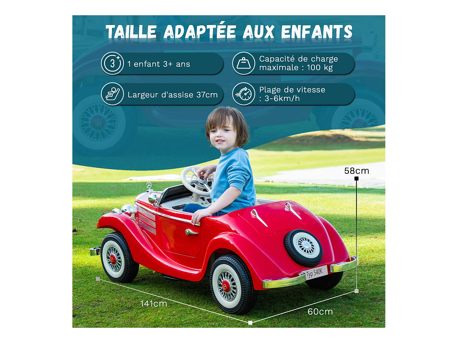 Voiture électrique rétro pour enfants - ORYXEARTH - Rouge - Batterie 12V - Vitesse 3-6 km/h