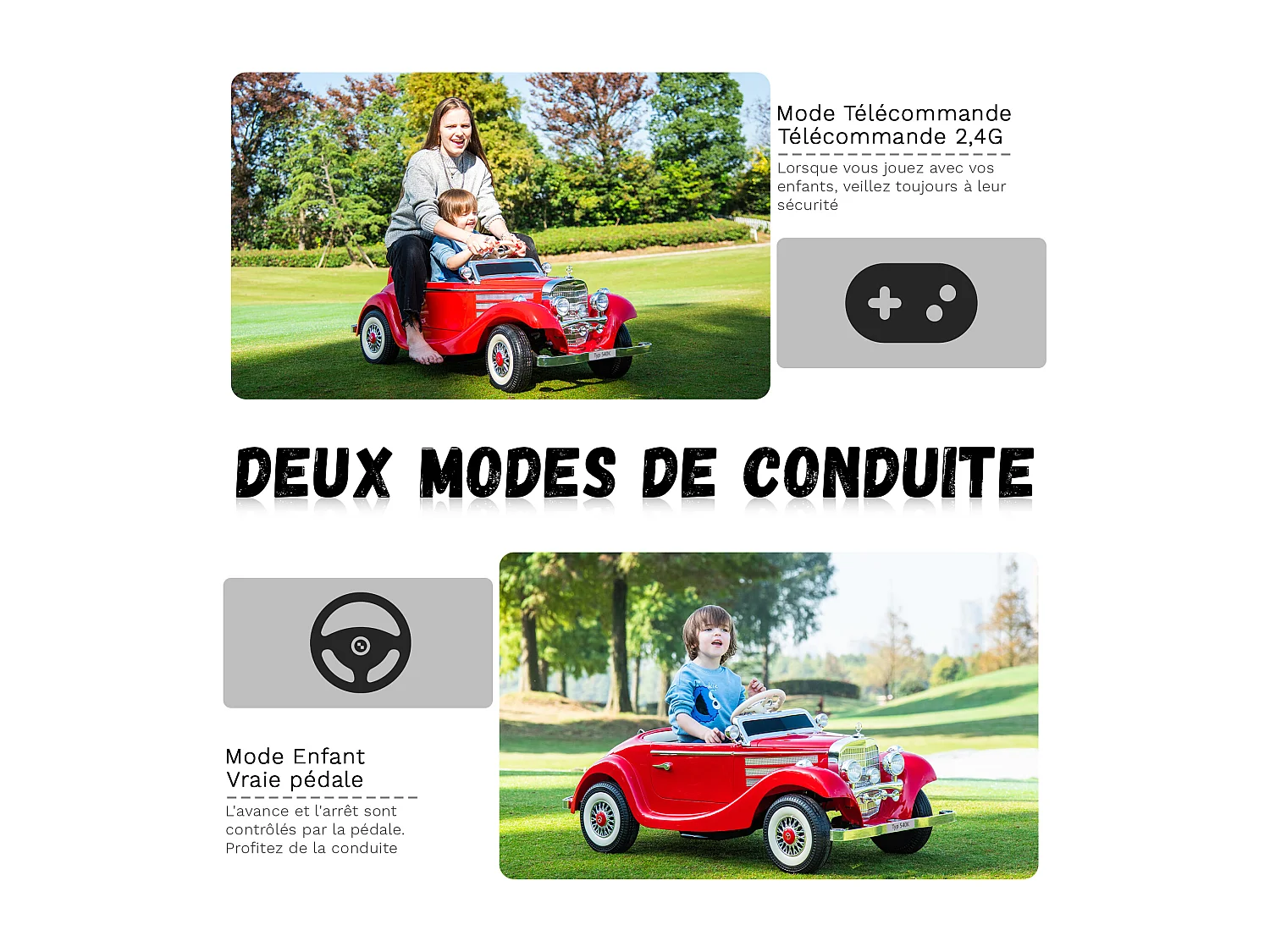 Voiture électrique rétro pour enfants - ORYXEARTH - Rouge - Batterie 12V - Vitesse 3-6 km/h