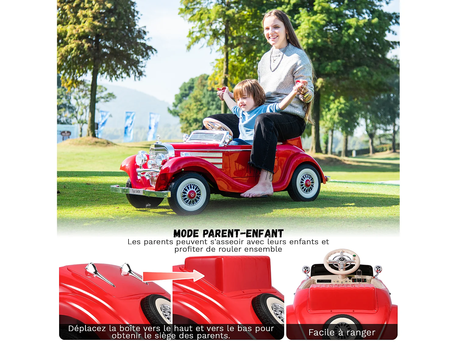 Voiture électrique rétro pour enfants - ORYXEARTH - Rouge - Batterie 12V - Vitesse 3-6 km/h