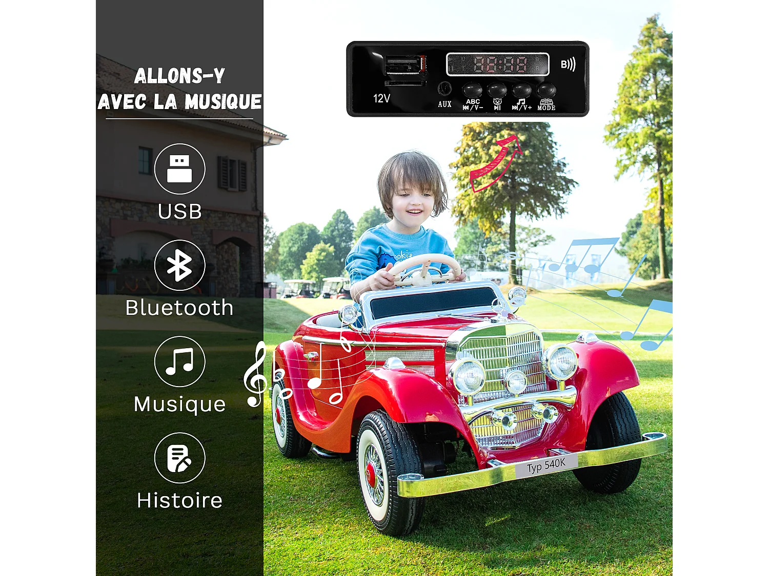 Voiture électrique rétro pour enfants - ORYXEARTH - Rouge - Batterie 12V - Vitesse 3-6 km/h