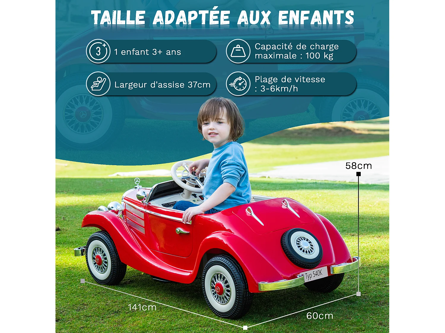 Voiture électrique rétro pour enfants - ORYXEARTH - Rouge - Batterie 12V - Vitesse 3-6 km/h