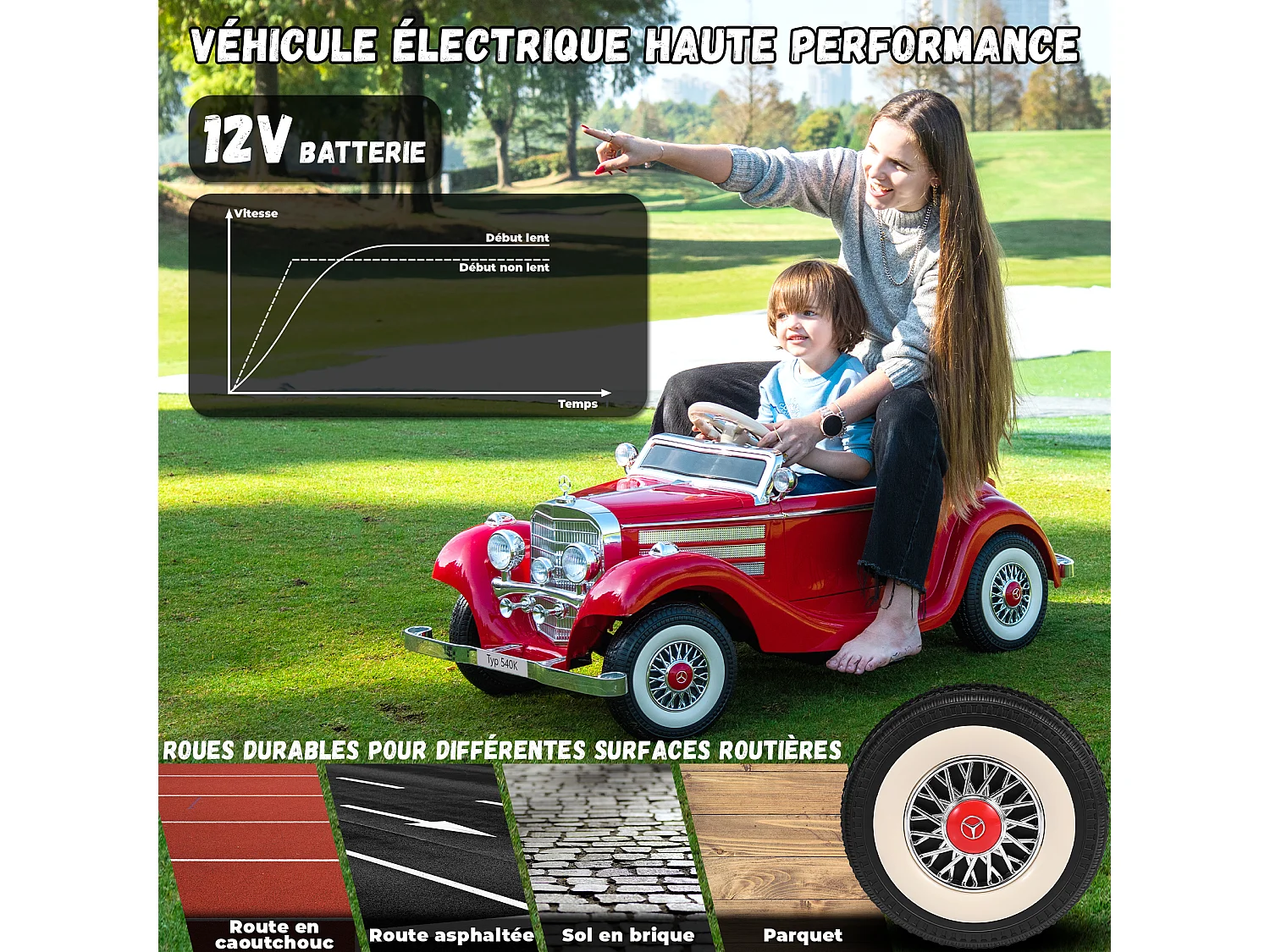 Voiture électrique rétro pour enfants - ORYXEARTH - Rouge - Batterie 12V - Vitesse 3-6 km/h