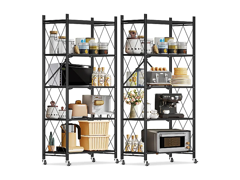 HomeMiYN Juego de 2 Estanterías Plegables de Almacenamiento, 4 a 5 Niveles - Estanterías Multifuncionales con Ruedas, 71x34x159 cm, Negro