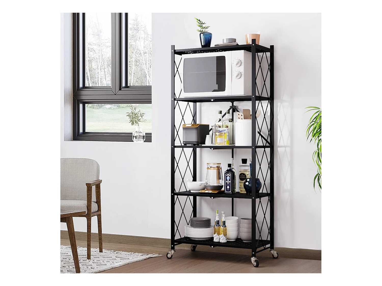 HomeMiYN Lot de 2 Étagères de Rangement Pliables 4 à 5 Niveaux - Étagères Multifonctionnelles à Roulettes 71x34x159 cm, Noir