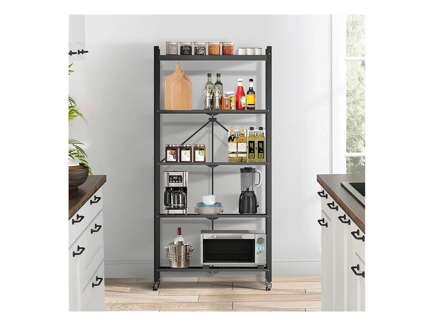 HomeMiYN Lot de 2 Étagères de Rangement Pliables 4 à 5 Niveaux - Étagères Multifonctionnelles à Roulettes 71x34x159 cm, Noir