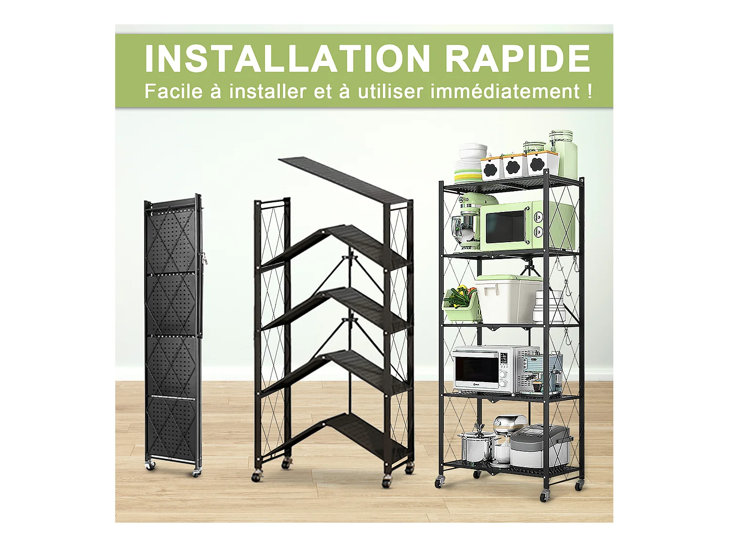 HomeMiYN Lot de 2 Étagères de Rangement Pliables 4 à 5 Niveaux - Étagères Multifonctionnelles à Roulettes 71x34x159 cm, Noir