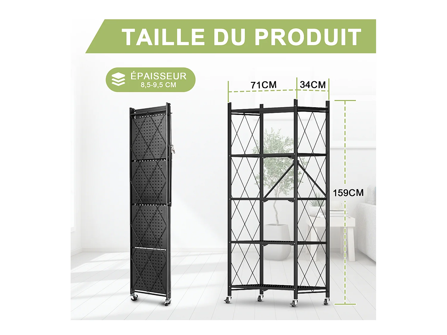 HomeMiYN Lot de 2 Étagères de Rangement Pliables 4 à 5 Niveaux - Étagères Multifonctionnelles à Roulettes 71x34x159 cm, Noir