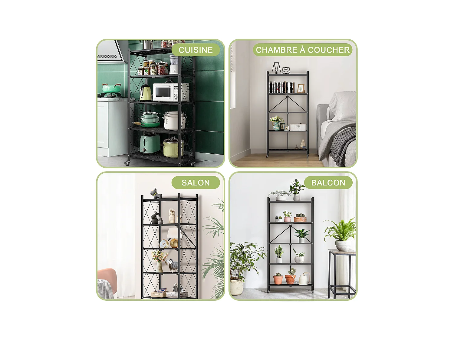 HomeMiYN Lot de 2 Étagères de Rangement Pliables 4 à 5 Niveaux - Étagères Multifonctionnelles à Roulettes 71x34x159 cm, Noir