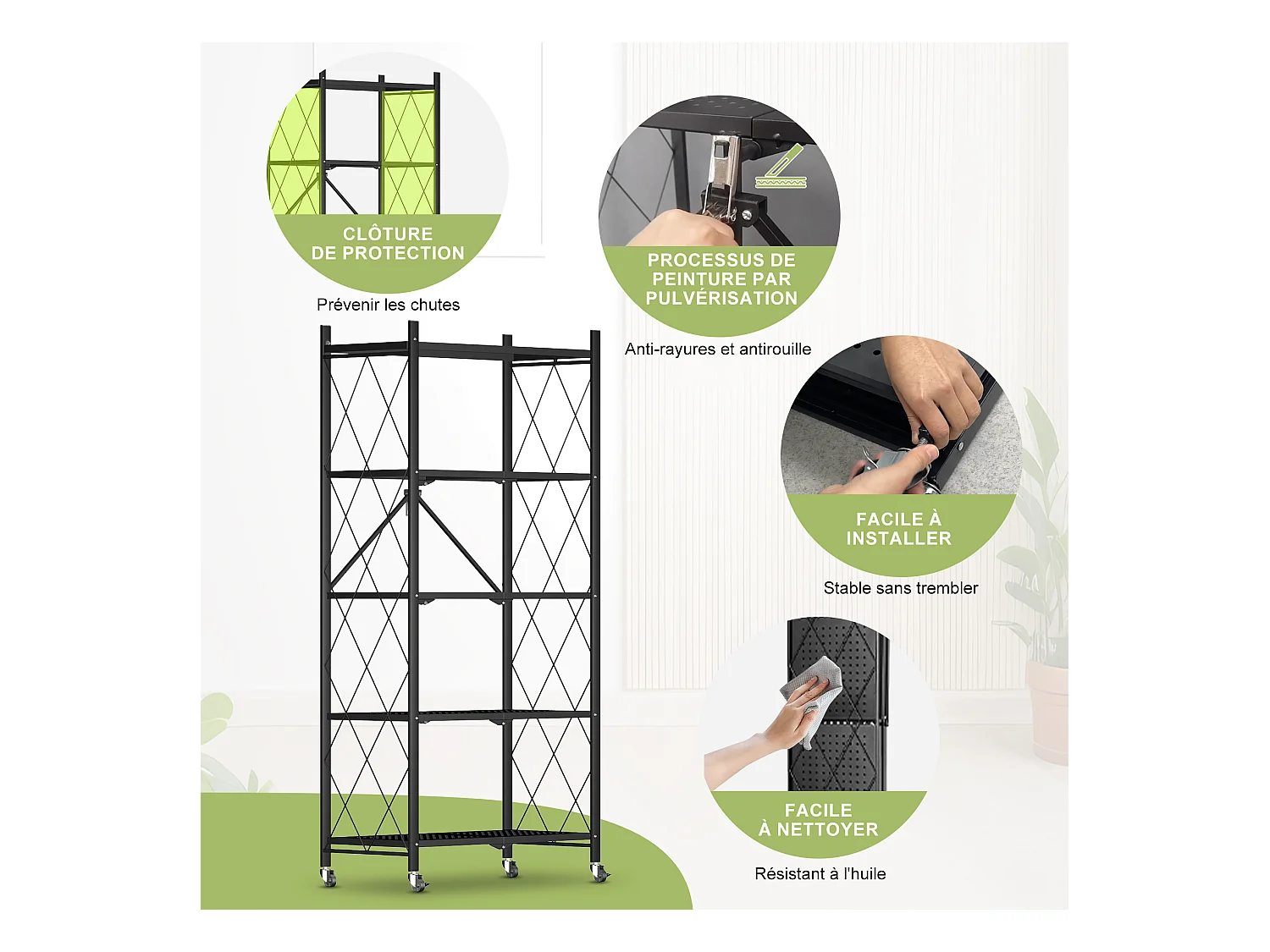 HomeMiYN Lot de 2 Étagères de Rangement Pliables 4 à 5 Niveaux - Étagères Multifonctionnelles à Roulettes 71x34x159 cm, Noir