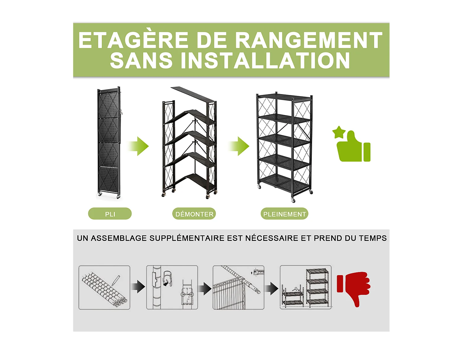 HomeMiYN Lot de 2 Étagères de Rangement Pliables 4 à 5 Niveaux - Étagères Multifonctionnelles à Roulettes 71x34x159 cm, Noir