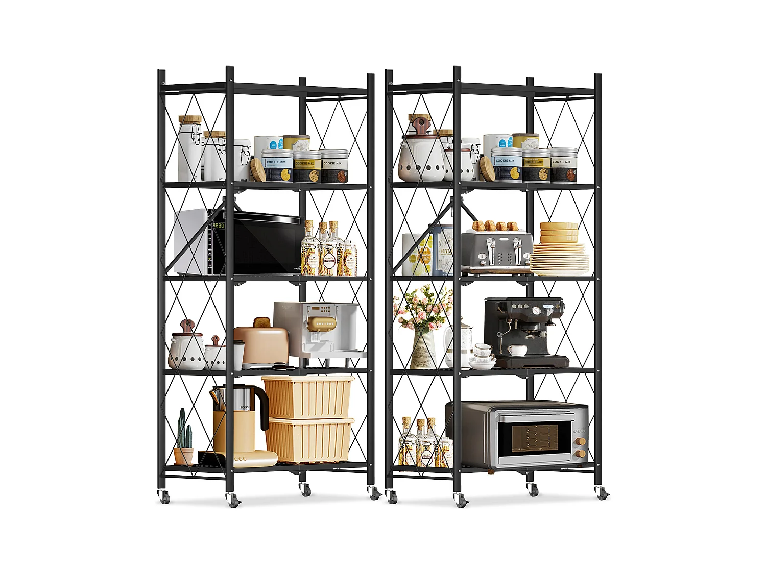 HomeMiYN Lot de 2 Étagères de Rangement Pliables 4 à 5 Niveaux - Étagères Multifonctionnelles à Roulettes 71x34x159 cm, Noir