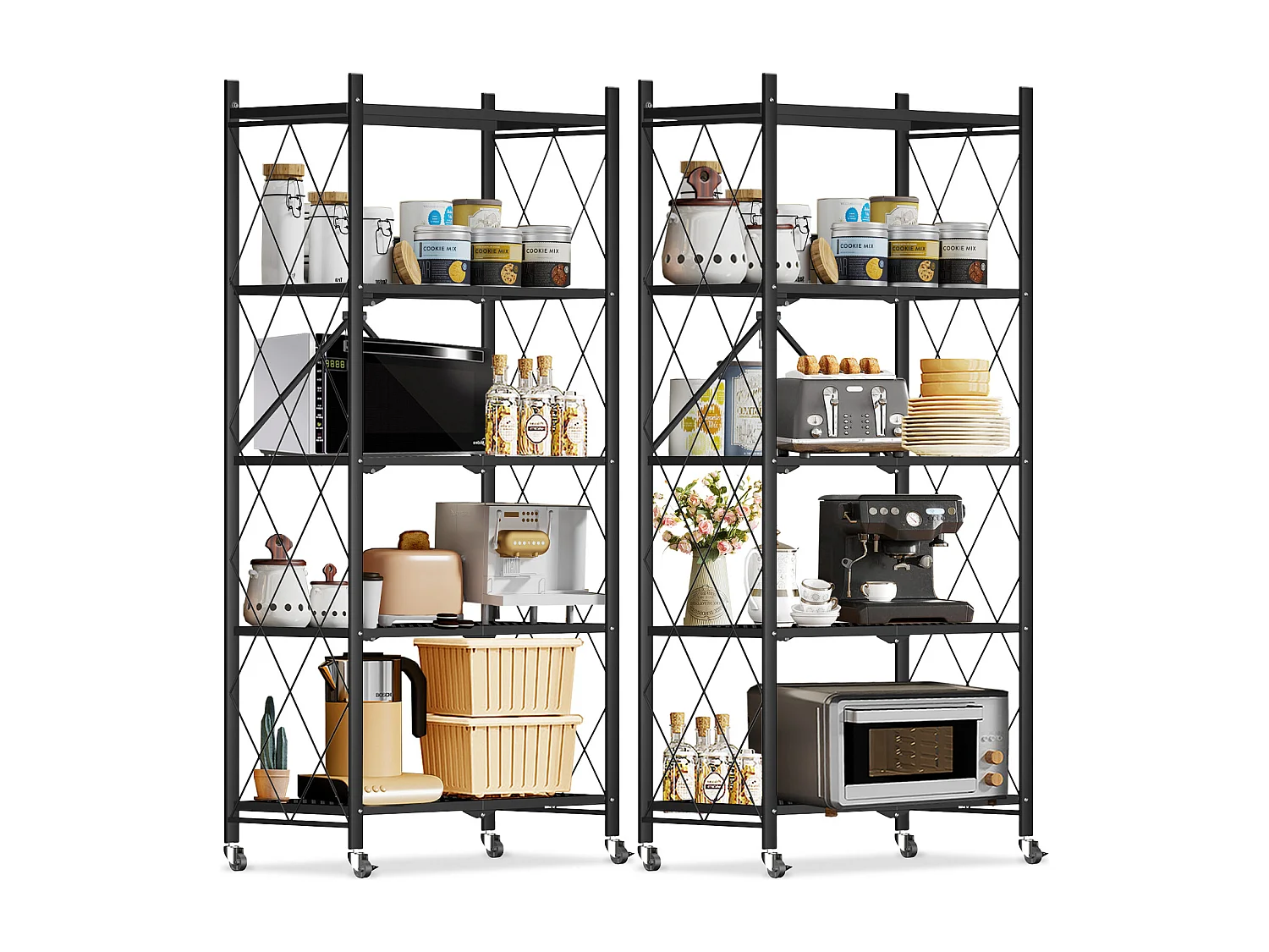 HomeMiYN Lot de 2 Étagères de Rangement Pliables 4 à 5 Niveaux - Étagères Multifonctionnelles à Roulettes 71x34x159 cm, Noir