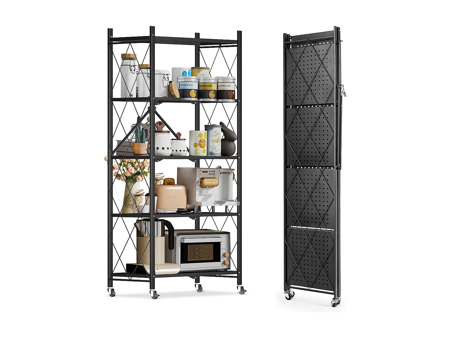 HomeMiYN Lot de 2 Étagères de Rangement Pliables 4 à 5 Niveaux - Étagères Multifonctionnelles à Roulettes 71x34x159 cm, Noir