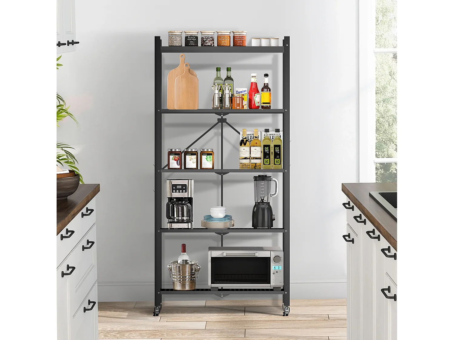 HomeMiYN Lot de 2 Étagères de Rangement Pliables 4 à 5 Niveaux - Étagères Multifonctionnelles à Roulettes 71x34x159 cm, Noir