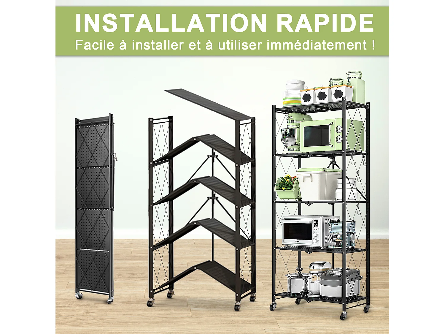 HomeMiYN Lot de 2 Étagères de Rangement Pliables 4 à 5 Niveaux - Étagères Multifonctionnelles à Roulettes 71x34x159 cm, Noir