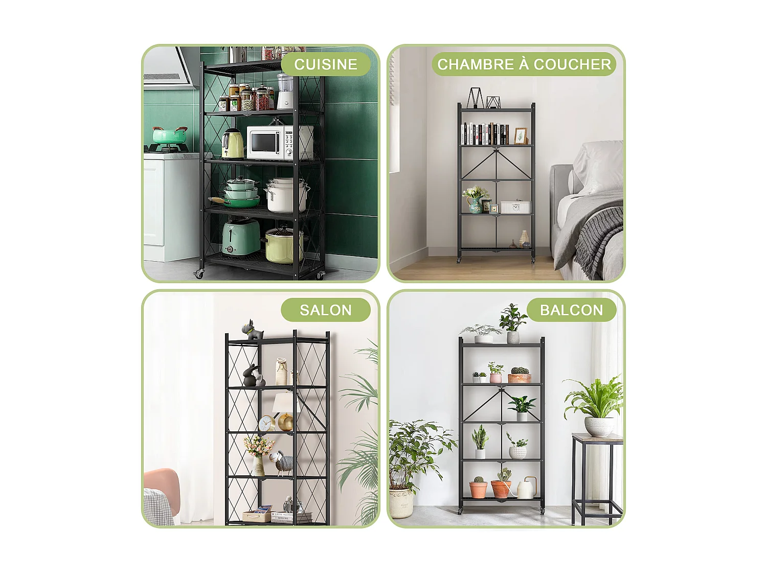 HomeMiYN Lot de 2 Étagères de Rangement Pliables 4 à 5 Niveaux - Étagères Multifonctionnelles à Roulettes 71x34x159 cm, Noir