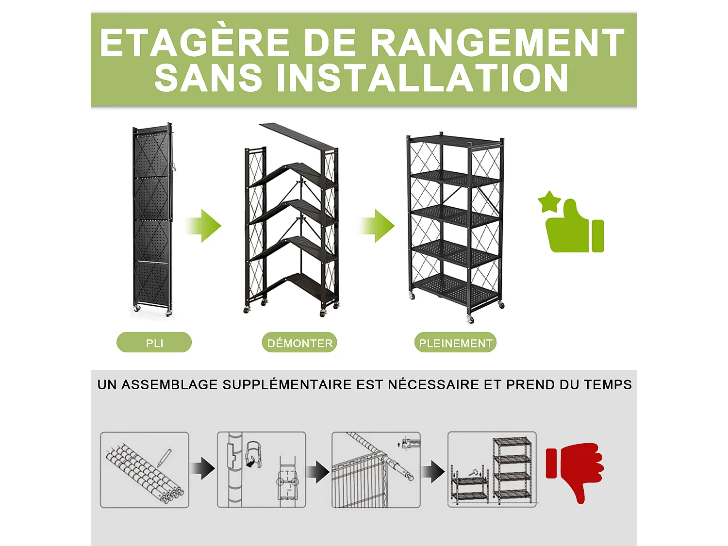 HomeMiYN Lot de 2 Étagères de Rangement Pliables 4 à 5 Niveaux - Étagères Multifonctionnelles à Roulettes 71x34x159 cm, Noir