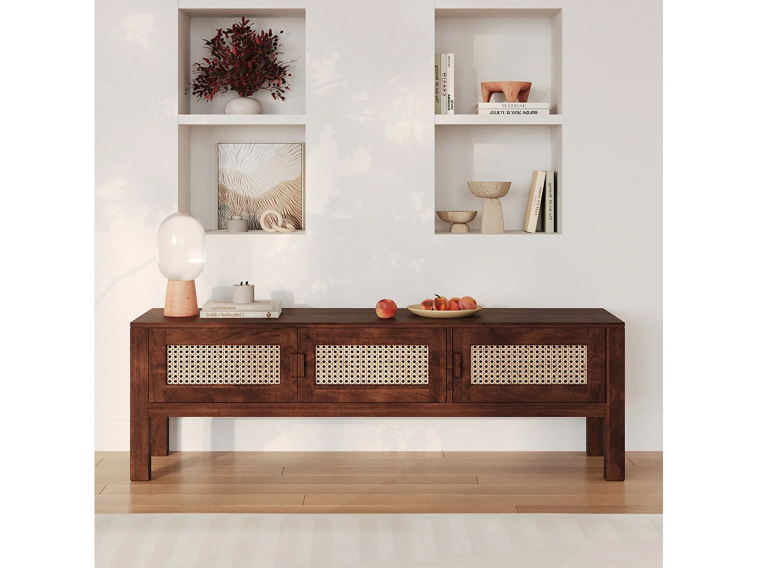 Meuble TV en bois de manguier et cannage - Tiki