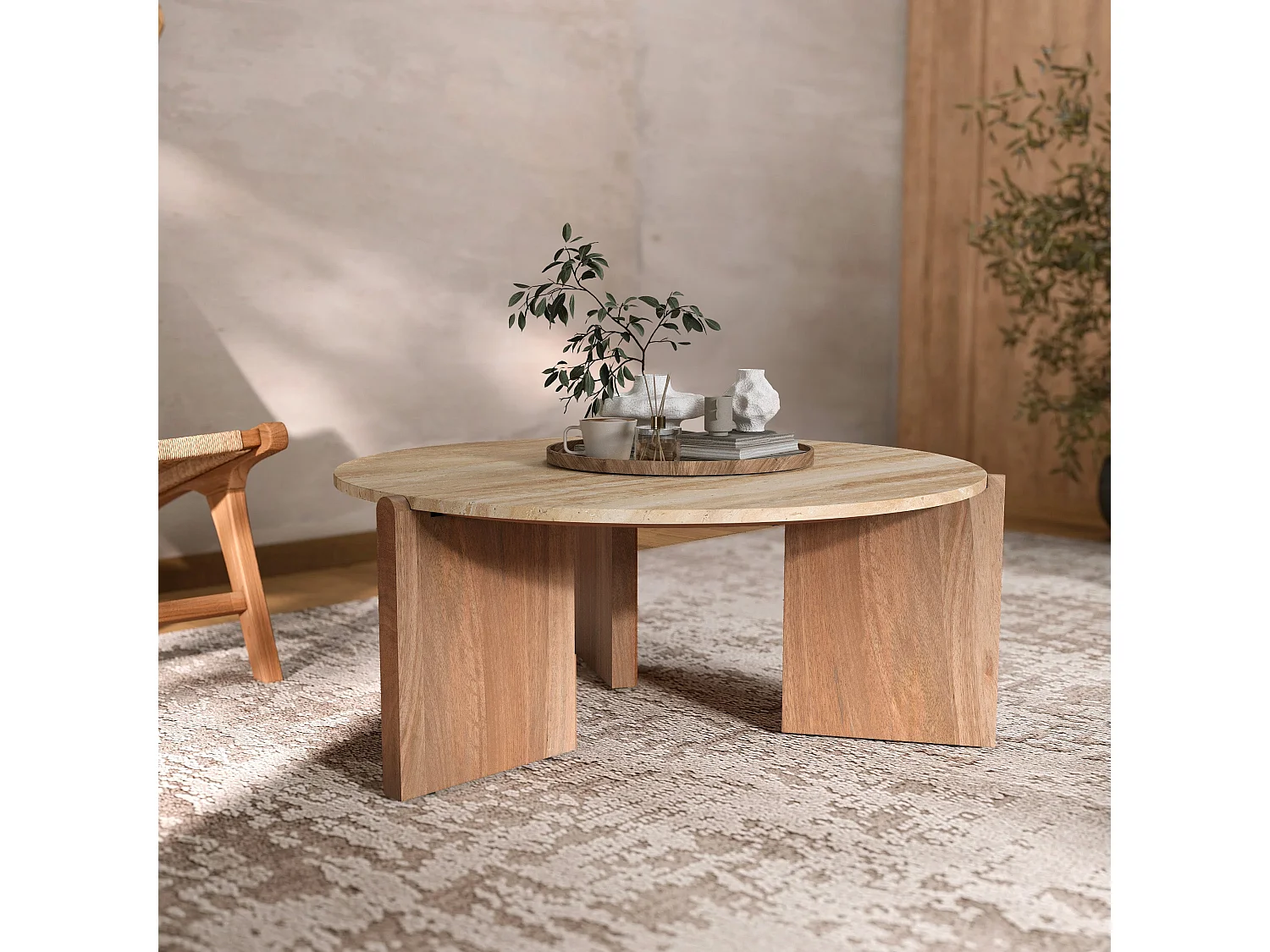 Table basse en travertin et bois D85 cm - Sierra