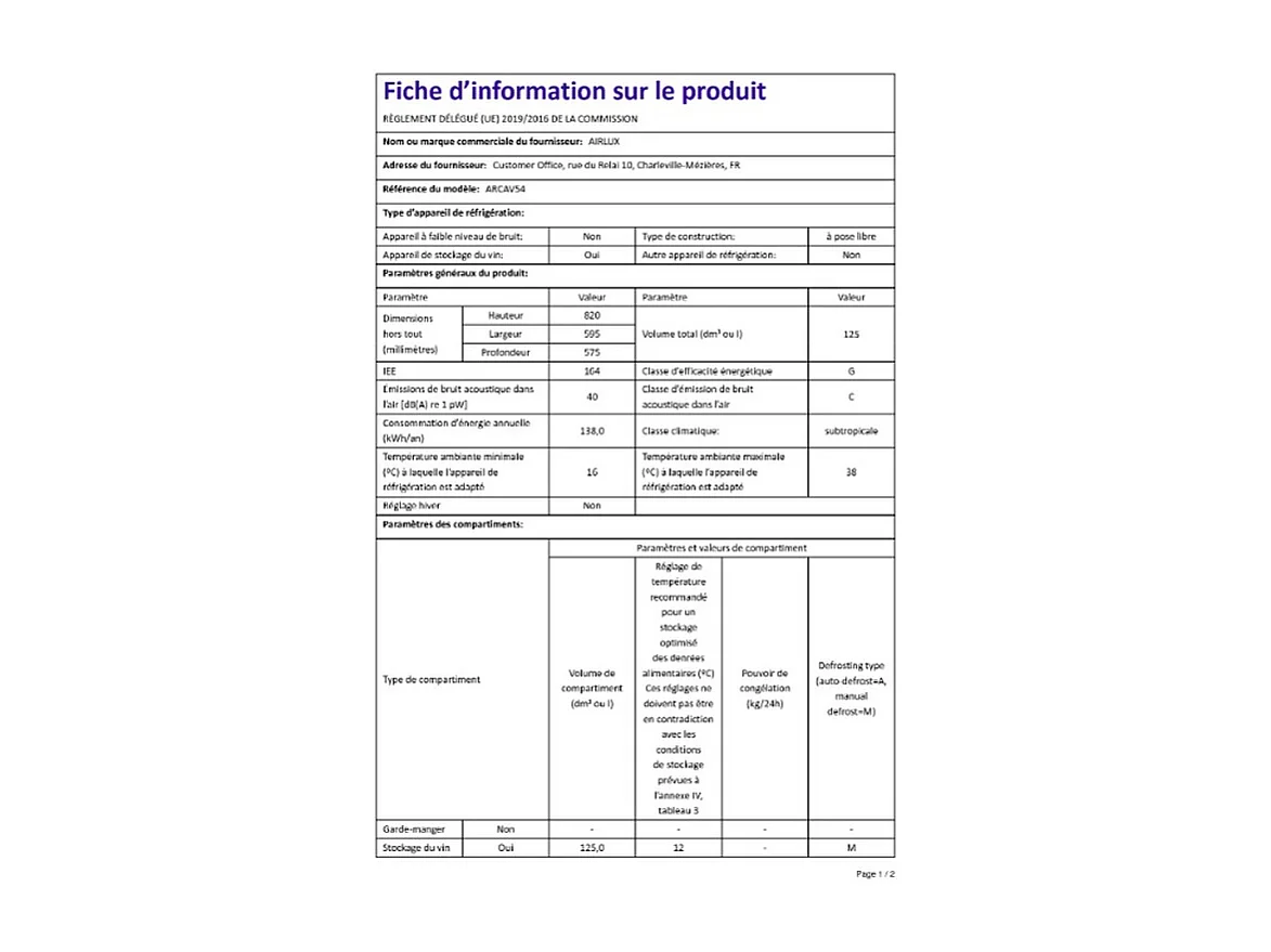 Cave de service 54 Btls Froid Ventilé AIRLUX 59.5cm B, 1021098