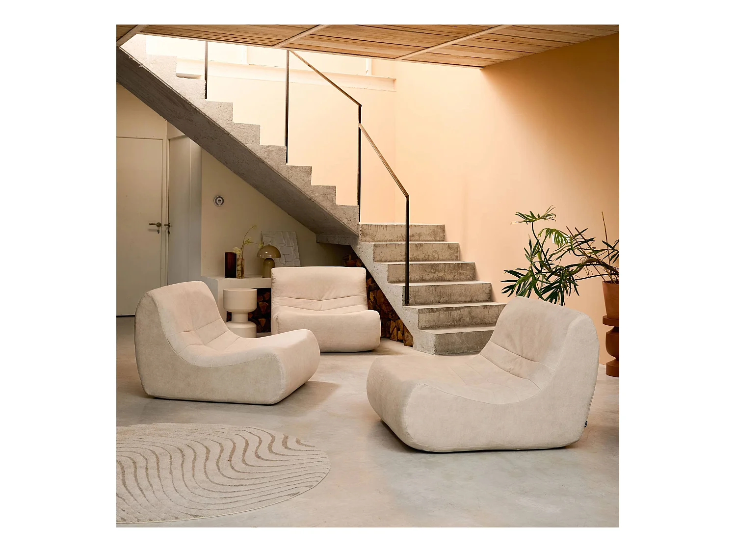 Fauteuil chauffeuse en velours style contemporain 3 places beige