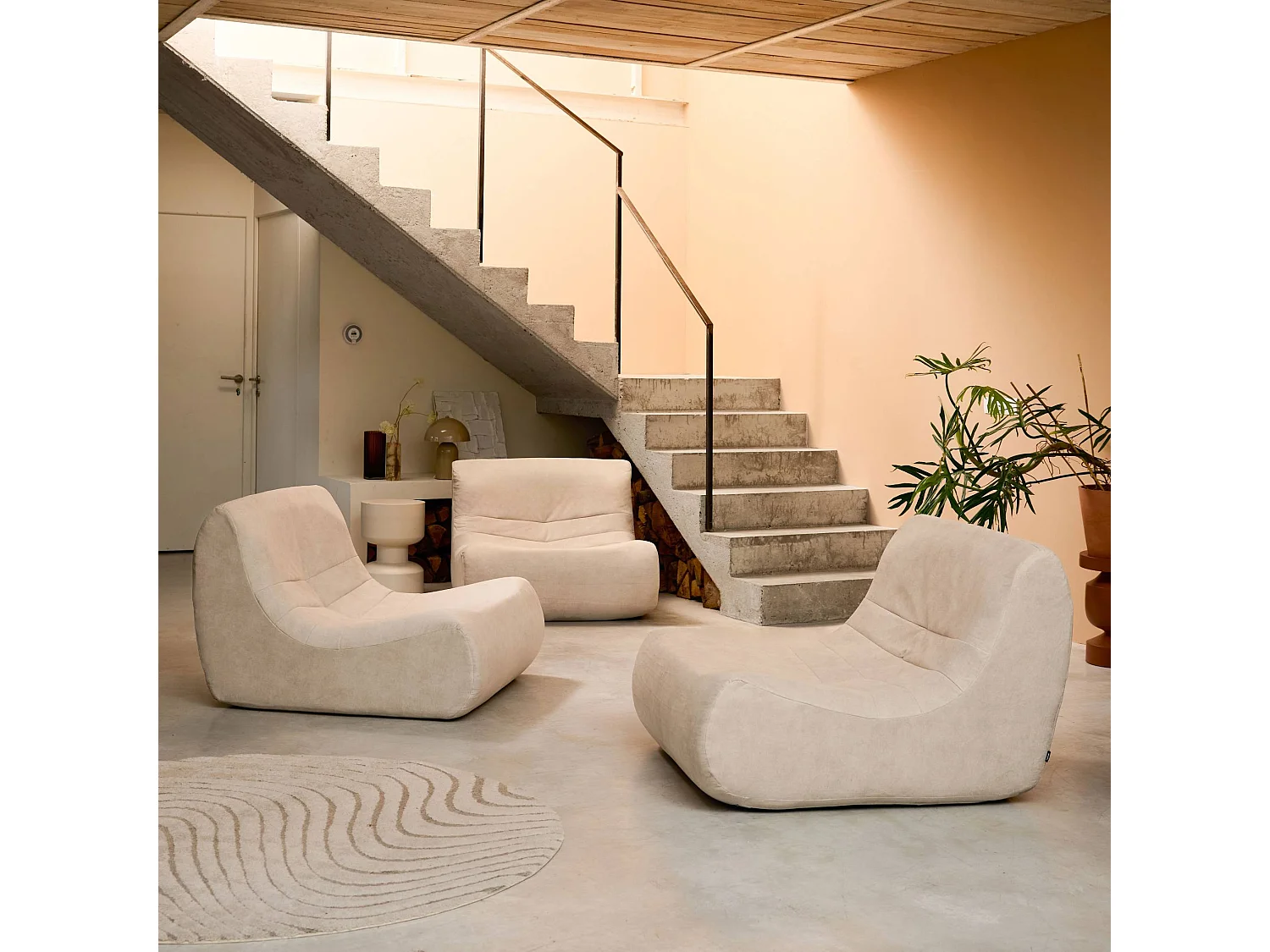 Fauteuil chauffeuse en velours style contemporain 3 places beige