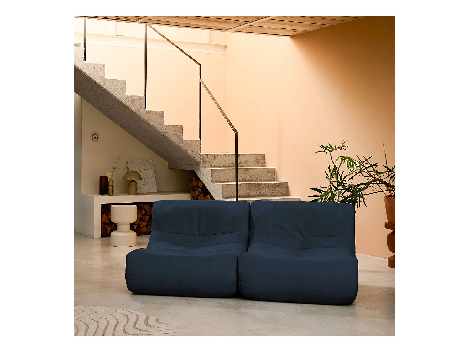 Fauteuil chauffeuse en velours style contemporain 2 places bleu foncé