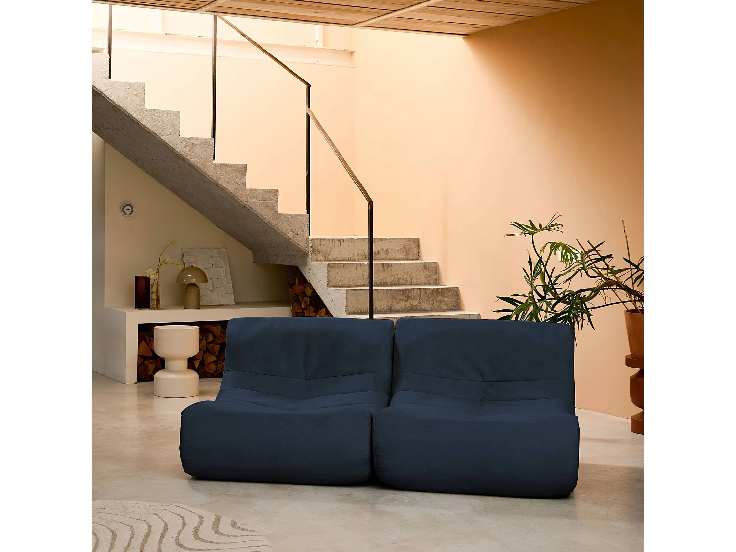 Sofá modular de terciopelo, 2 plazas azul oscuro