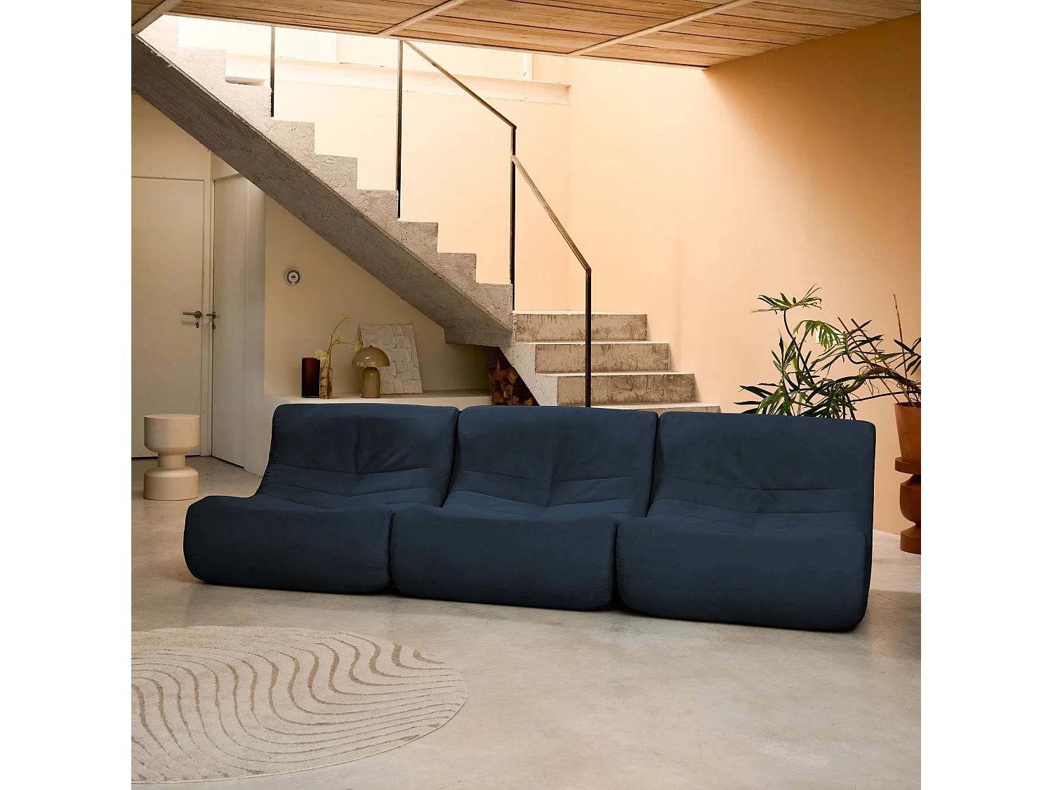 Sofá modular de terciopelo, 3 plazas azul oscuro