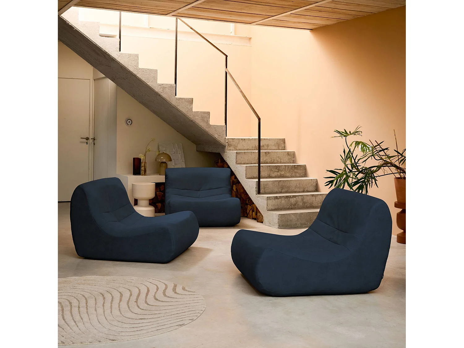 Sofá modular de terciopelo, 3 plazas azul oscuro