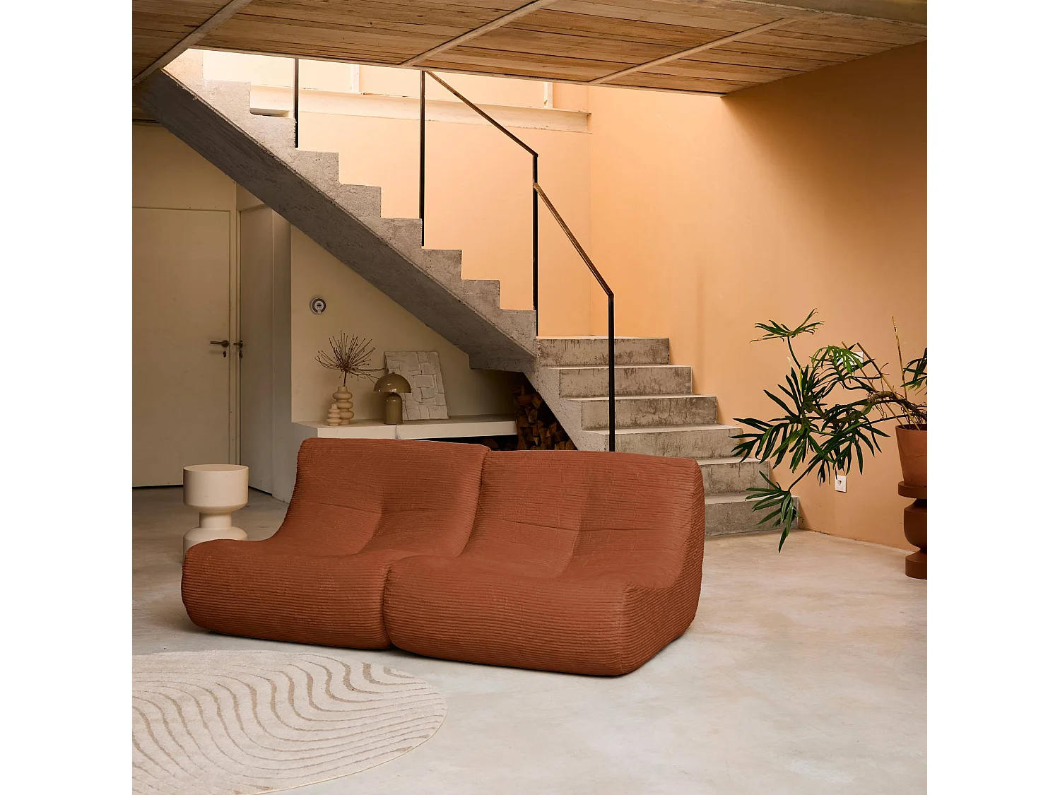 Chauffeuse velours côtelé 2 places terracotta L 91 x P 105 x H 72 cm - SOKOL